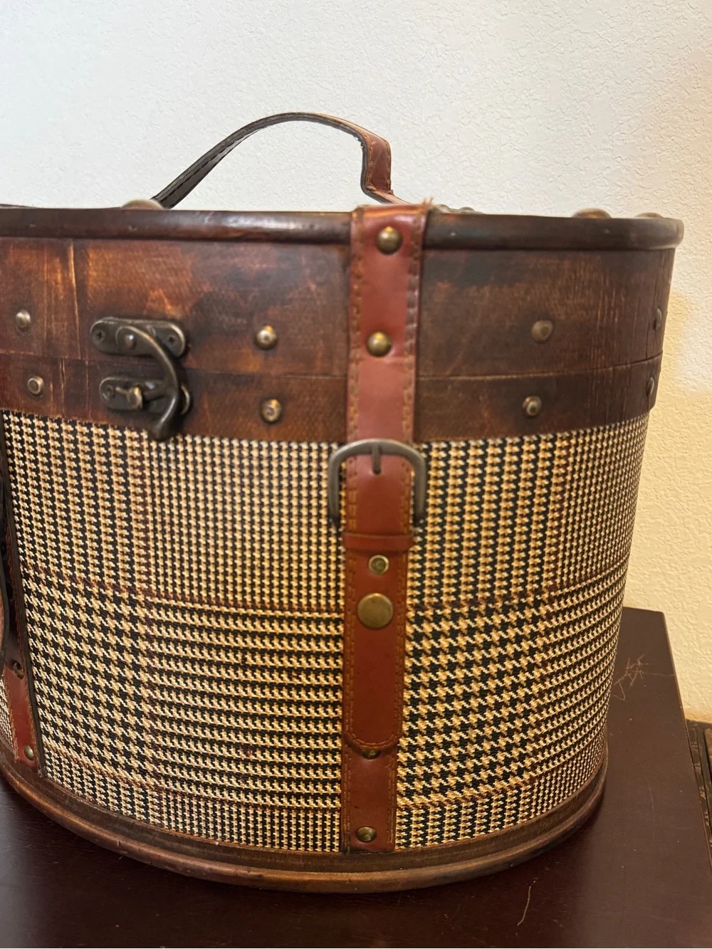 Vintage Ralph Lauren Style Brown Leather & Tweed Storage Trunk Box/Chest